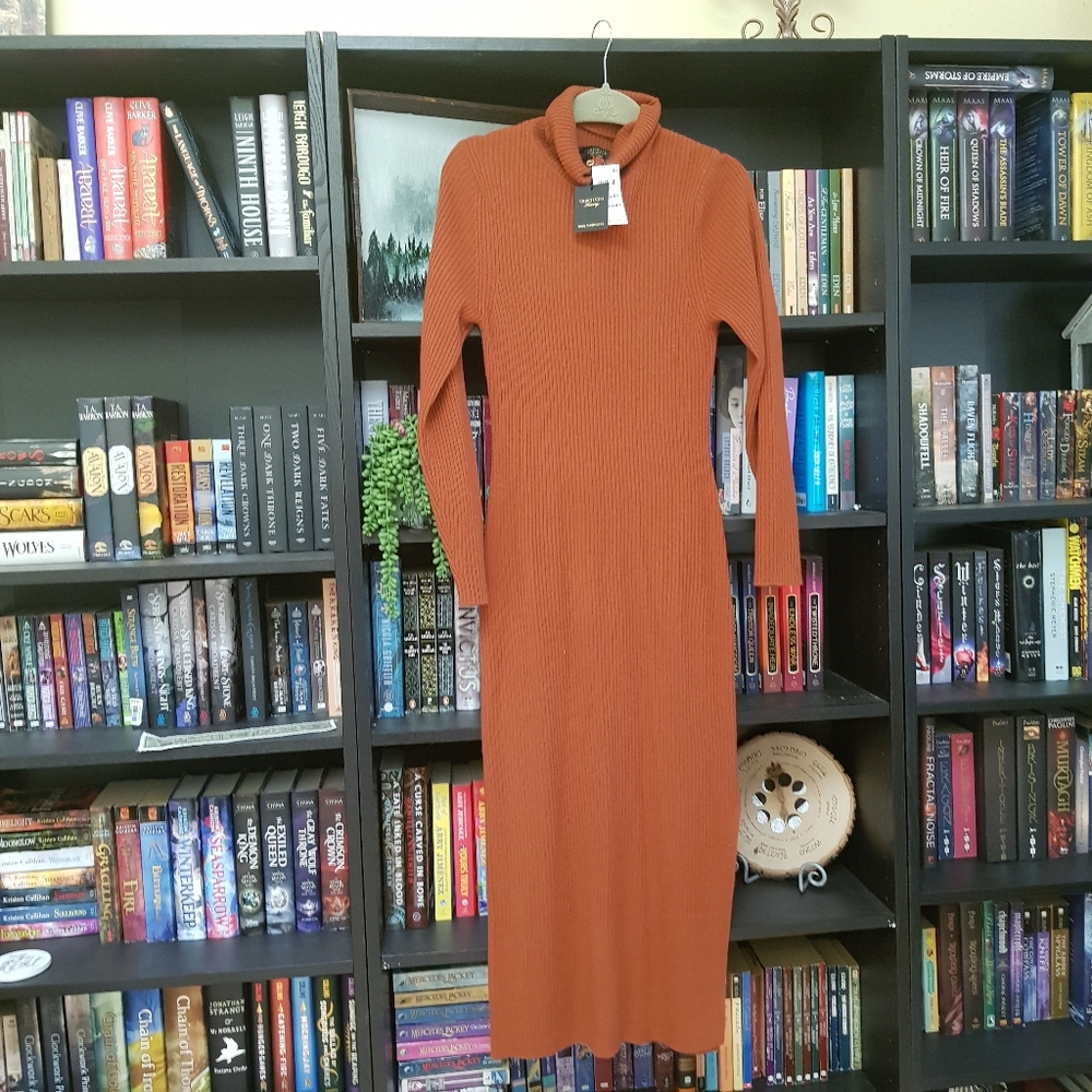 100% Cashmere Burnt Umber Maxi Ribbed Dress Medium